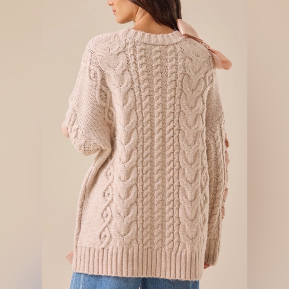 NWT - Oversized Cardigan with Pale Pink Satin Bows - Picture 2 of 6